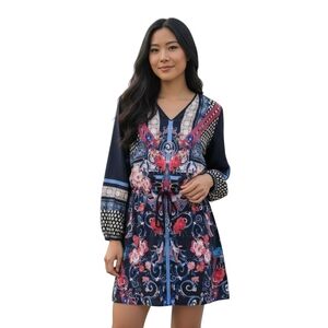 Clover Canyon Floral Bird Mini Dress Size Medium Boho Multi Color Long Sleeve